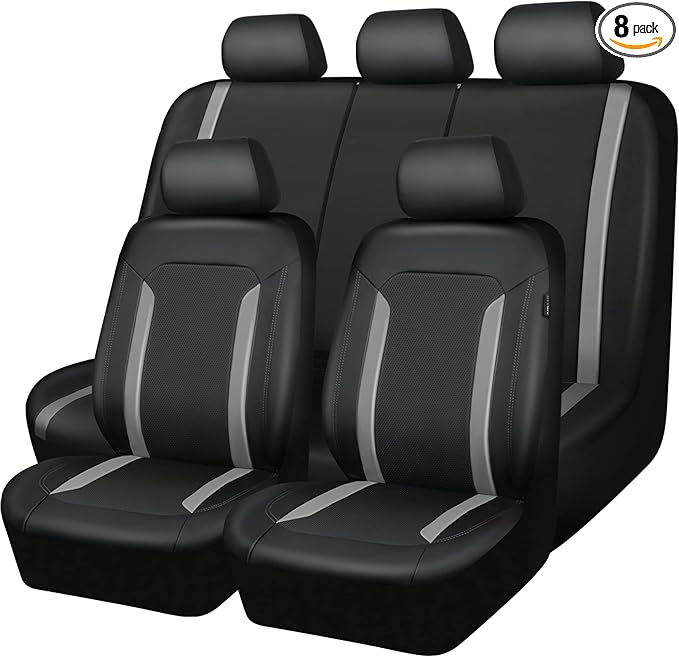 CAR PASS Universal Leather Car Seat Covers Full Set, Waterproof Durable PU, Airbag SRS, 2zipper in Rear, Faux Leather Seat Covers 5 Seats Fit for SUV Pick-up Truck Vehicle Black with Grey