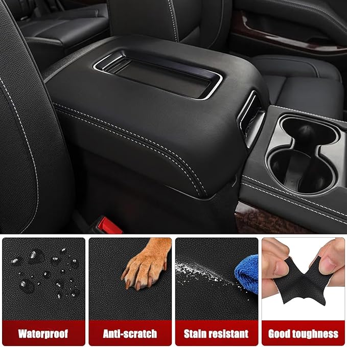Center Console Cover Replacement for Chevy Silverado & GMC Sierra 1500 2500 3500 2014-2018, Vinyl Leather Upholstery, Anti-Scratch, Black-Gray Stitch (Fits Bucket Seat Console Only)