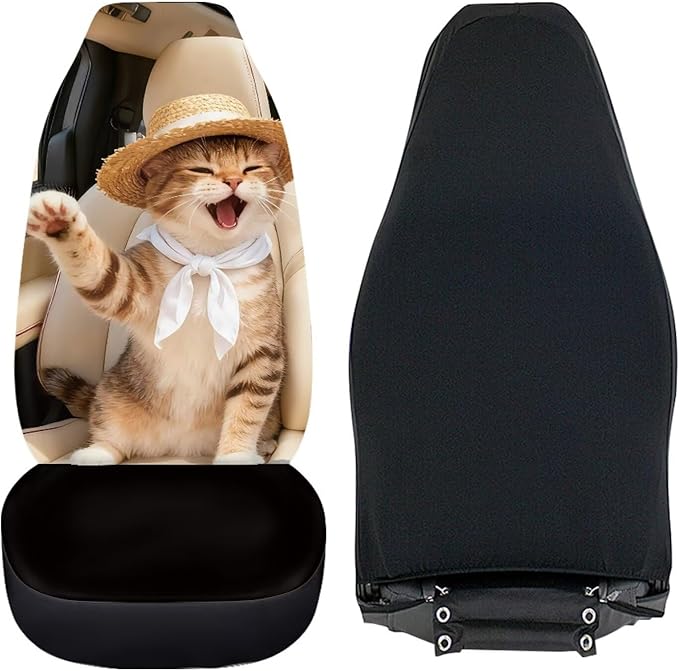 Cat Driving Car Seat Covers 2 Pcs Cute Car Seat Covers Front Seats Only Easy to Install and Clean Protection Interior Accessories Universal Fit for Most Cars SUVs and Sedans