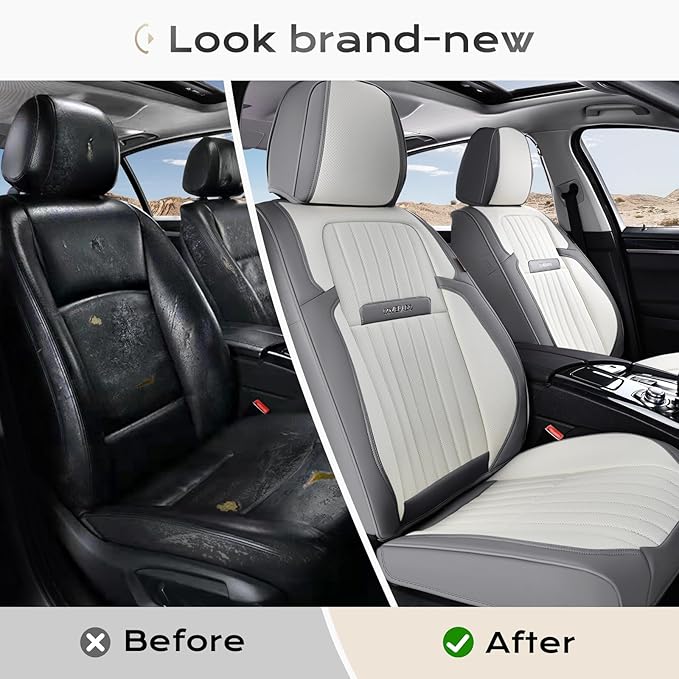 Coverado Car Seat Covers Front Seats, Seat Covers for Cars, Car Seat Protector, 2-Pack Car Seat Cushion Nappa Leather, Waterproof Seat Covers Carseat Cover Universal Fit for Most Cars(Gray&White)