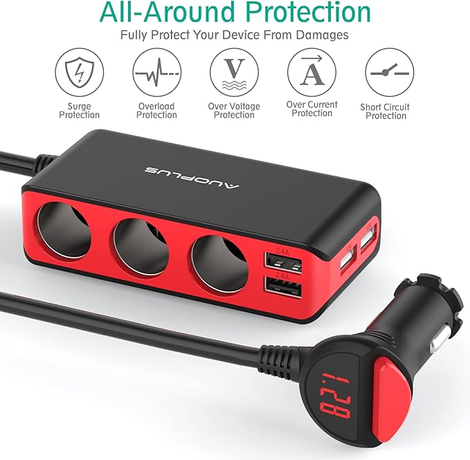 AUOPLUS 120W 3 Socket Cigarette Lighter Splitter Car Charger Adapter, LED Voltage Display Dual 4 USB Chargers(6.8A), Car Charger On/Off Switches 12V for iPhone iPad Samsung GPS Dashcam