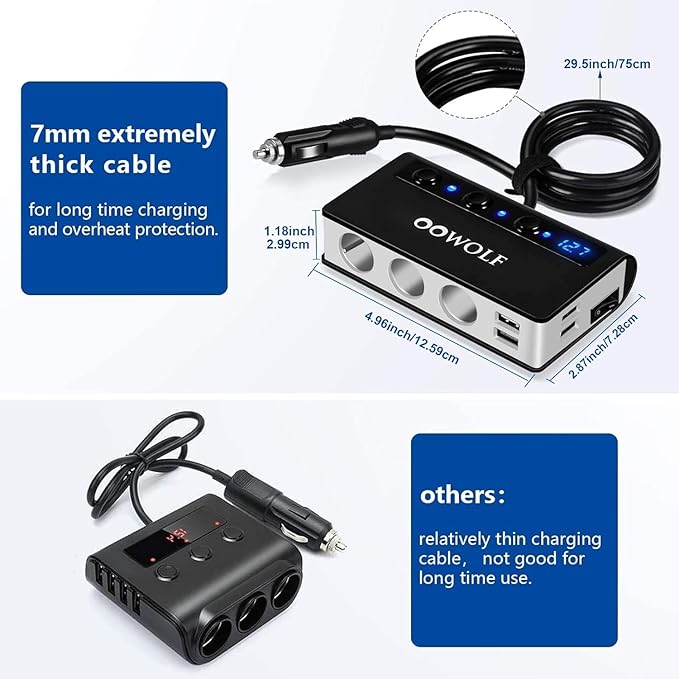 OOWOLF 7 in 1 Cigarette Lighter Splitter, 180W Quick Charge 3.0 12V/24V 3-Socket Car Charger Adapter, 4 USB Ports Car Power Adapter Car Splitter, Independent Switches, LED Voltmeter, 2.3FT Cable