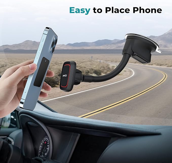 APPS2Car Magnetic Phone Holder for Car, Dashboard Windshield Phone Holder Mount with Flexible Arm & Built-in Strong Magnets, Suction Cup Phone Holder for Car Compatible with All Smartphones