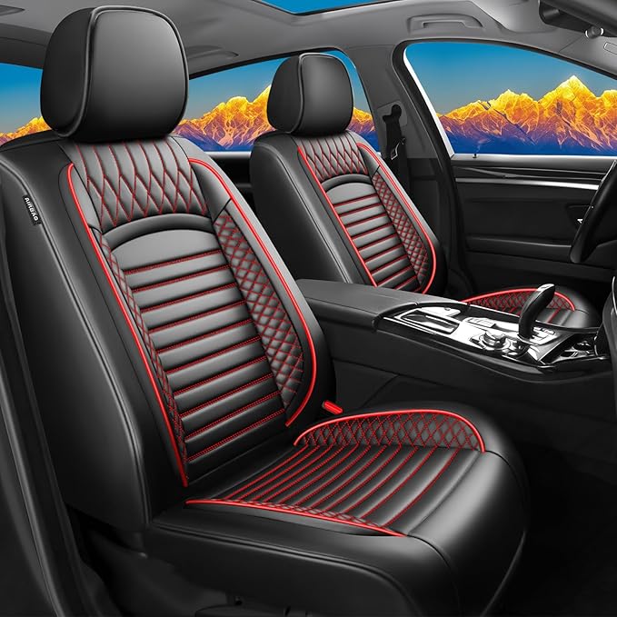 Fit 4Runner Car Seat Covers for Toyota 4Runner 2003-2024 2025 2026 - Upgraded Premium Waterproof & Breathable Leather, Airbag Compatible, All-Weather Seat Cushion Protector (2 Front/Black+Red)