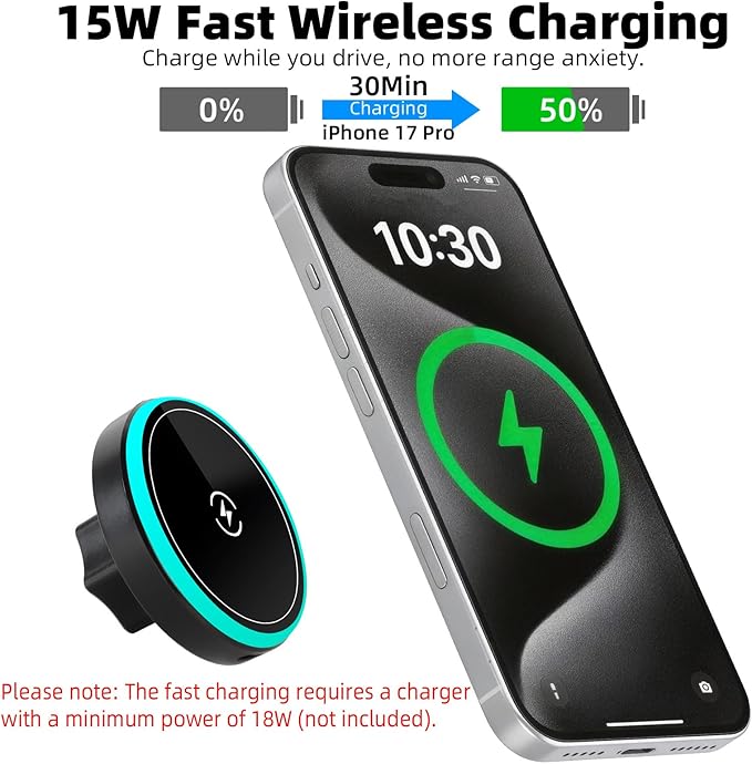 15W Magnetic Wireless Charging Phone Holder with 17mm Ball Socket for MagSafe, Universal Replacement for Car Air Vent, Dashboard, Windshield Phone Holders | Strong Magnet, 360° Rotation