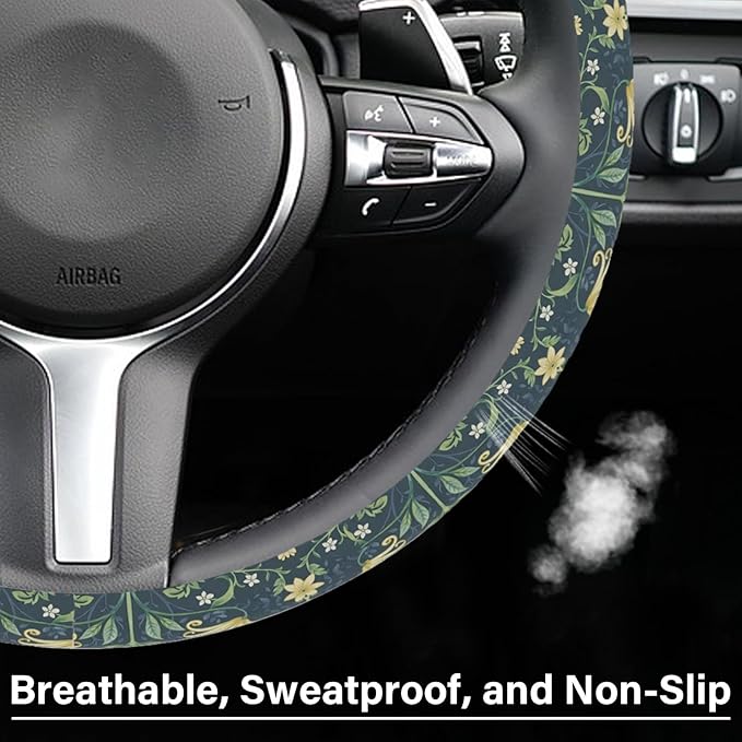 Green Flowers Plants Steering Wheel Cover, Cute Print Steering Wheel Cover Protector, Personalized Pattern Design, Car Accessories for Women, for Steering Wheel with a Diameter of 14.5"-15"