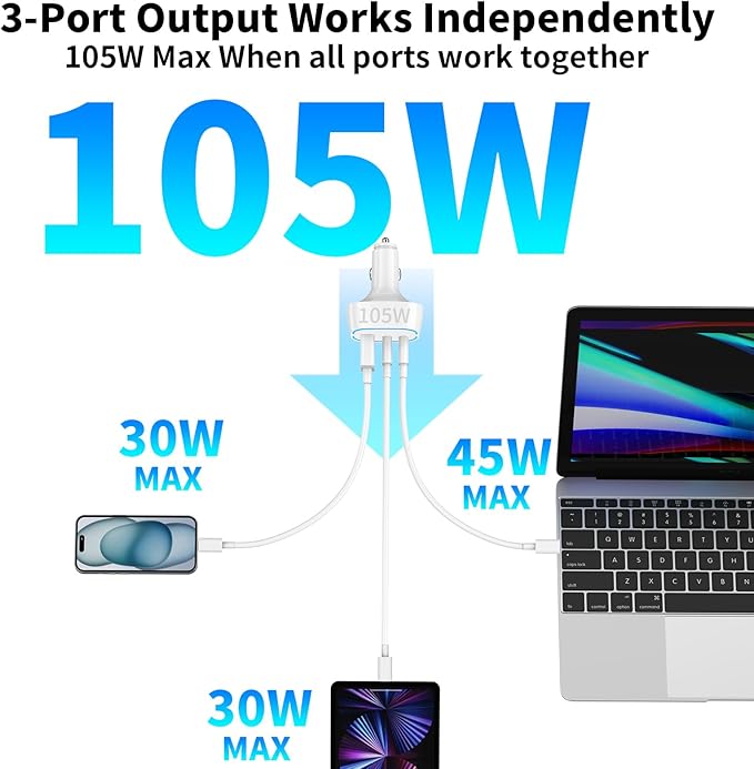 105W USB Car Charger 3-Port for Family Travel, PD 45W & QC3.0 30W Super Fast Charging for Multiple Devices, Cigarette Lighter with MFi Certified Carplay Cable Fast Charger for iPhone iPad