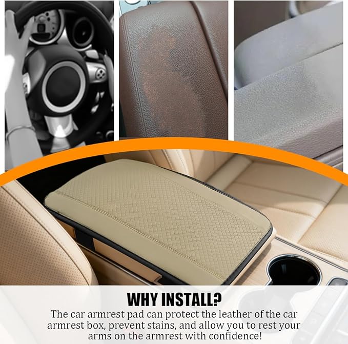 Car Center Console Cover, PU Leather Vehicle Armrest Seat Box Cover Protector, Comfortable Automotive Interior Arm Rest Cushion Pad Accessories, Universal for SUV Sedan Truck (Beige)