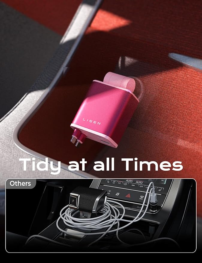 LISEN Retractable Car Charger, 84W Fast Charging Car Phone Charger, Car Charger USB C Truck Accessories, Road Trip Essentials Pink Car Acessories for Men Women for iPhone 17 16 15 14 13 12 Samsung S26