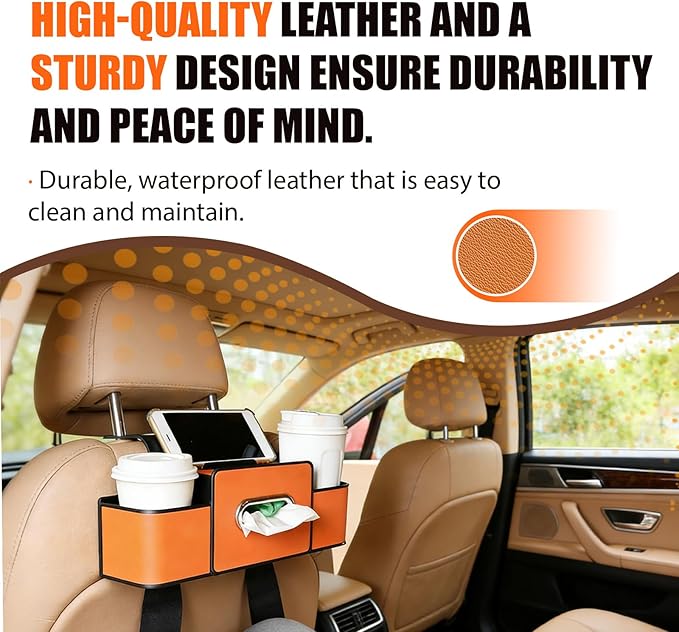 Car Backseat Organizer Multifunction Storage Box Vehicle Seat Accessories Cup Tissue Trash Hooks Phone Snack Drink Handbag Leather Interior Utility Portable Durable Easy Installation Secure(Beige)