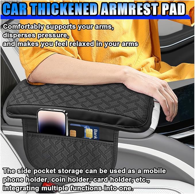 Car Center Console Cover, Leather Car Armrest Storage Box Protector Pad, Middle Console Cover with 2 Side Storage Bags, Vehicle Armrest Cushion for Most Cars, Trucks, SUVs (Black)
