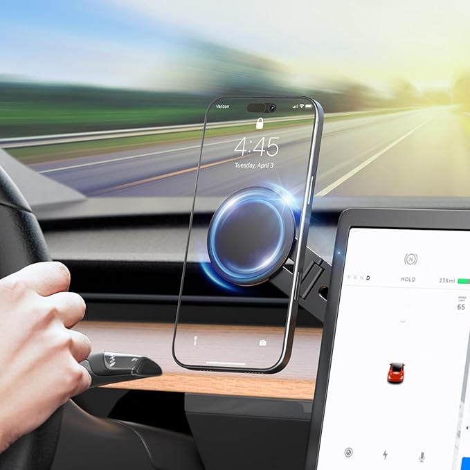 CloudValley Magnetic Phone Holder for Tesla Model Y/3, Foldable Hidden Tesla Phone Mount Fit for iPhone 17/16/15/14/13 seirs, PC Monitor, Compatible with Magsafe Car Mount for Tesla Accessory, Black