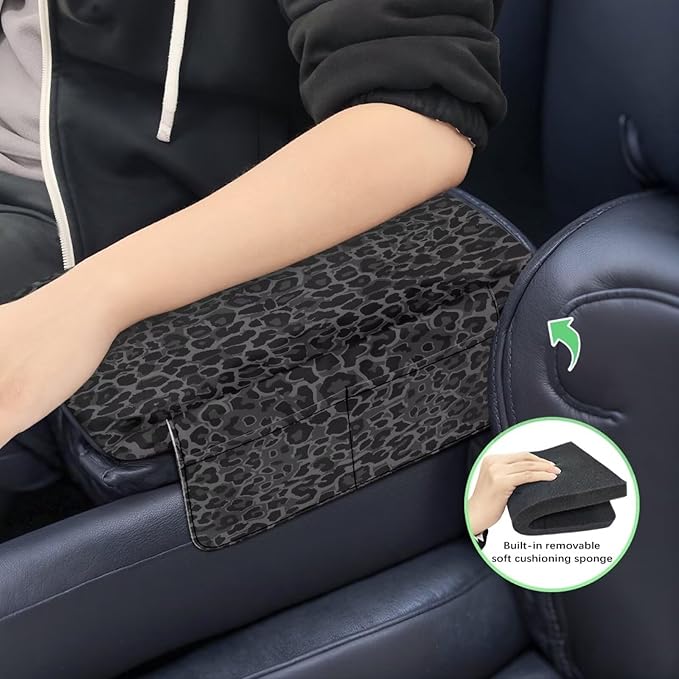 Dreaweet Black Leopard Print Center Console Cover for Car Thick Arm Rest Cover Pad with Pockets Cheetah Car Accessories Universal Comfortable Car Armrest Cover Cushion Pad