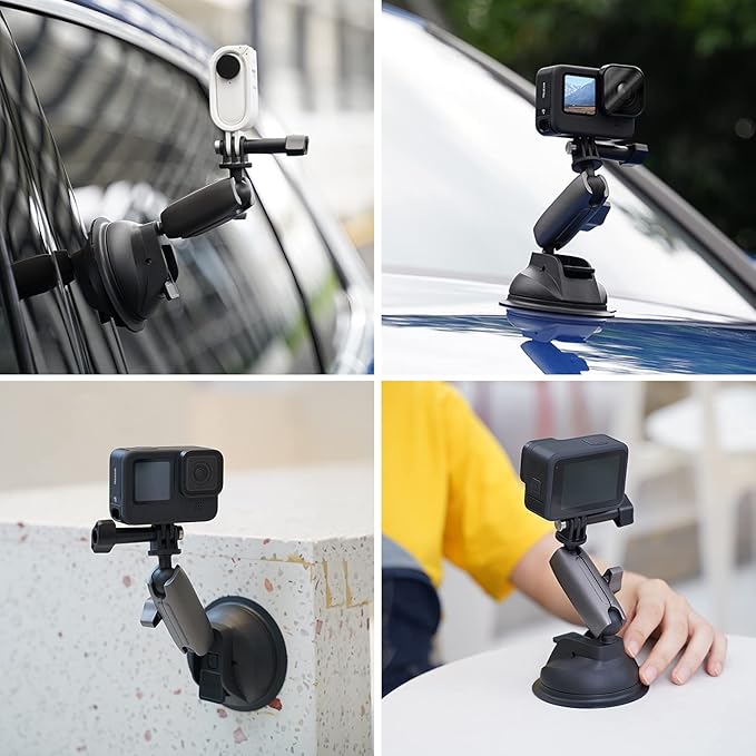 TELESIN Aluminum Camera Suction Cup Car Mount with Phone Holder, Outside Inside Windshield Window Dashboard Accessories for GoPro 13 12 11 10 9 8 7 6 5 Insta360 X3 X4 X5 DJI Action 3 4 5pro Pocket 3