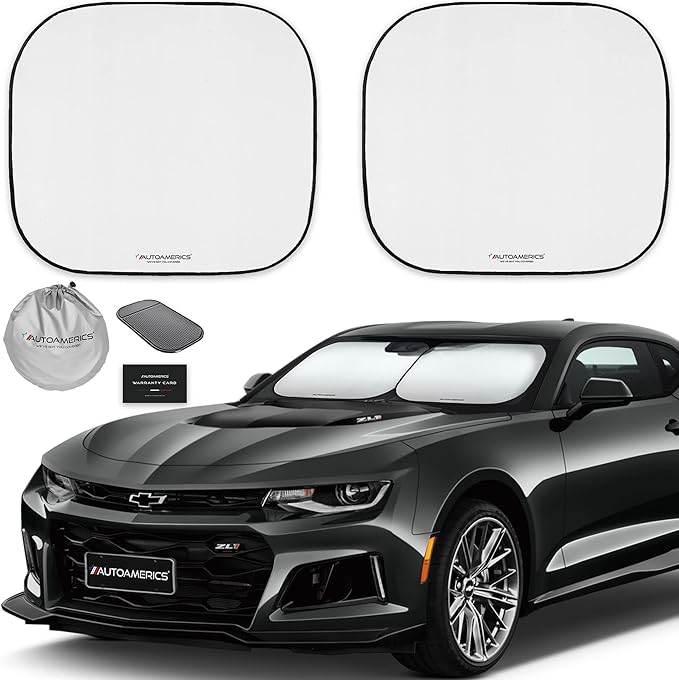 Autoamerics 2-Piece Windshield Sun Shade - Foldable Car Front Window Sunshade for Most Compact Sports Cars - Auto Sun Blocker Visor Protector Blocks 99% UV Rays and Keeps Your Vehicle Cool - Small Fit