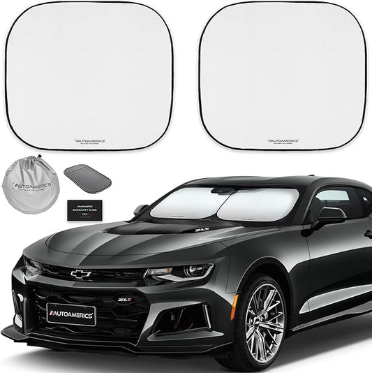 Autoamerics 2-Piece Windshield Sun Shade - Foldable Car Front Window Sunshade for Most Compact Sports Cars - Auto Sun Blocker Visor Protector Blocks 99% UV Rays and Keeps Your Vehicle Cool - Small Fit