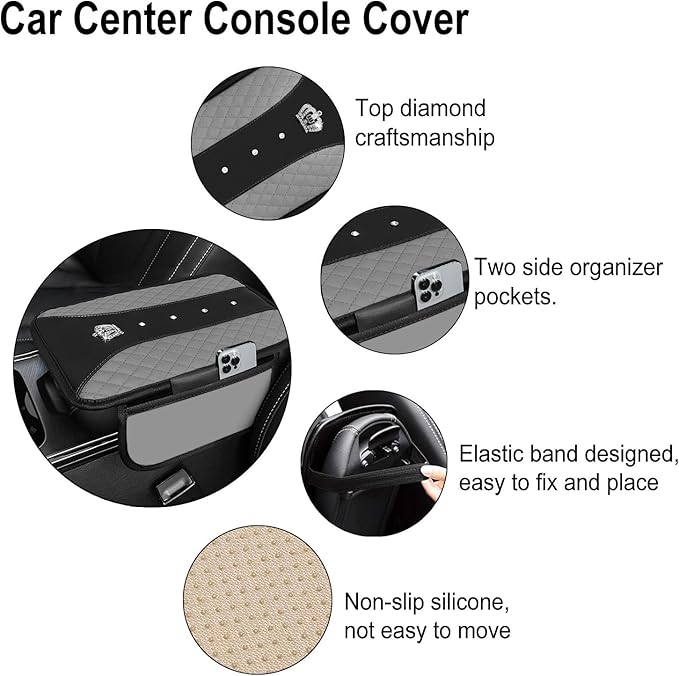 NBTEPEM Bling Crown Car Center Console Armrest Cover, Leather Middle Console Cover Cushion with 2 Storage Bags, Car Armrest Storage Box Interior Accessories for Most Vehicles(Gray)