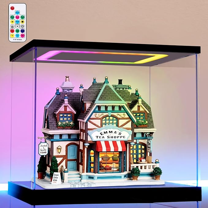 Clear Acrylic Display Case with Light for Miniature House Building Sets, Multiple Color Lights Dustproof Protection Display Box for Collectibles Action Figures（11.4×9.4×9.8inch）