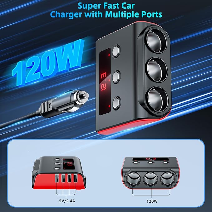 7 in 1 Cigarette Lighter Splitter, SONRU 3 Sockets Cigarette Lighter Splitter with 4 Fast Charging USB Ports, 120W 12V/24V DC Independent Power Switches & LED Voltage Display for All Car Devices