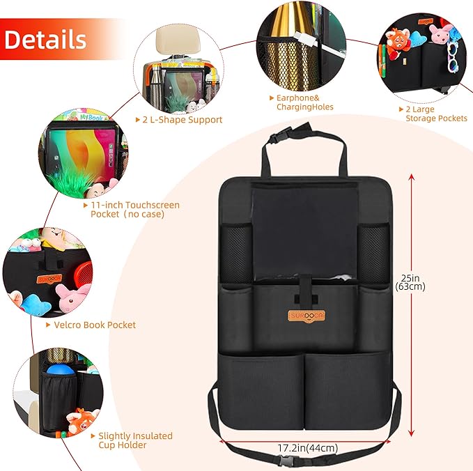 SURDOCA Car Organizers and Storage with 11-inch Touch Screen Tablet Holder, Backseat Car Organizer with 8 Pockets, Car Seat Protector Road Trip Essentials for Kids
