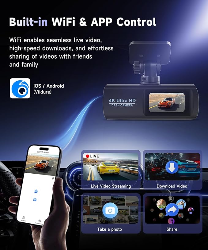 Dash Cam 4K Front and Rear Full HD Dash Camera for Cars, Included 64GB Card, Built-in WiFi, 1.47" IPS ScreenLoop Recording, G-Sensor, Night Vision, Parking Mode