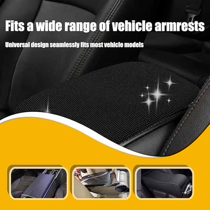 11.9''×8.4'' Bling Car Center Console Cover, Crystal Diamond Arm Rest Cover for Car, Soft Elbow Pillow Automotive Armrest Seat Box Cover, Arm Rest Protective Cushion Pad for Women Men (Black)