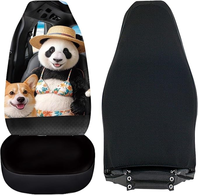 Panda Front Car Seat Cover Nonslip Auto Interior Accessories 2 Pcs Set Stretch Polyester Fabric Cover All-Season Protection Universal Fit for Most Cars SUV and Sedan