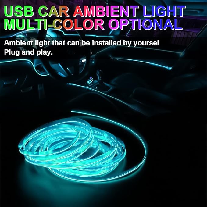 EL Wire Interior Car LED Strip Lights, 10FT/3M USB Auto Neon Light Strip with Sewing Edge, Electroluminescent Car Ambient Lighting Kits with Fuse Protection, Car Interior Accessories (Ice Blue/10FT)