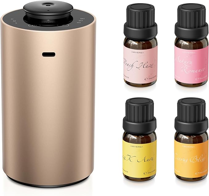 Airversa Waterless Essential Oil Diffuser Starter Kit with 4 x 10mL Fragrance Scent Oil, Battery Operated Mini Scent Air Machine Portable Diffuser for Home Car Office, ANX Titanium Kit-C