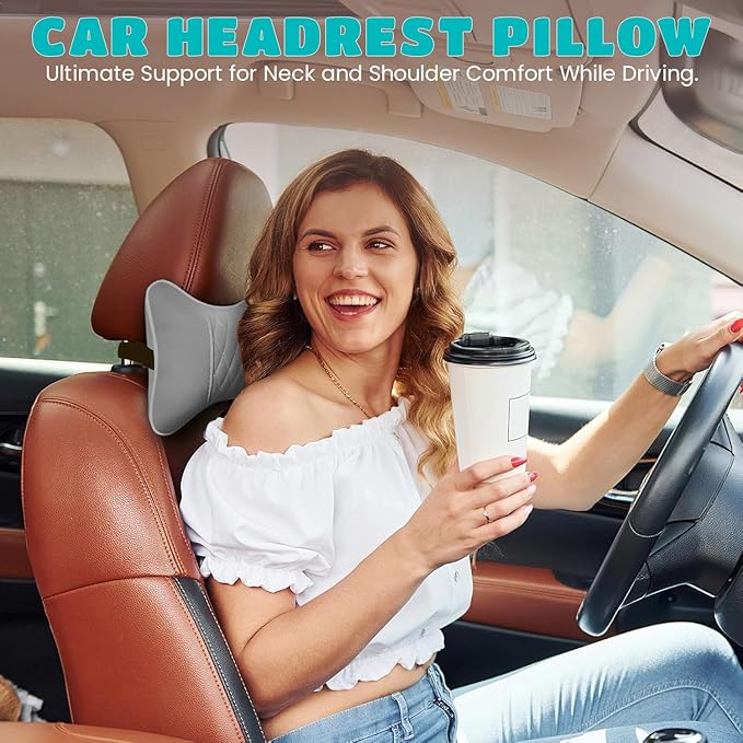 Set of 2 Quilted Faux Leather Car Headrest Pillow, Gray Case/Gray Threading, Ergonomic Neck Support for Comfortable Driving