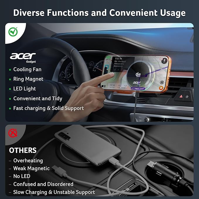 Acer Gadget Qi2.2 25W for MagSafe Car Mount Charger,Wireless Car Charger with Cooling Fan & Backlight,Vent Phone Mount with 45W Car Adapter,360°Rotation Magnetic Phone Holder for iPhone 17/16/15/14/13