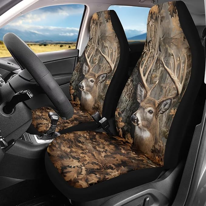 Car Seat Covers Front Seats Only Easy Installation Auto Interior Accessories 2 Pcs Set, Camo Hunting Deer Car Seat Covers Protector Suitable for Cars, SUV and Trucks, Easy to Install