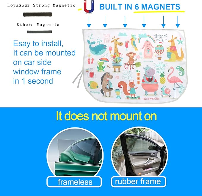 Car Window Shades for Side Windows Baby and Kids,Car Back Window Sun Shade Covers,Strong Magnetic Sunshades Curtains for Truck,27.5" x 19.5" (Animal Friends)
