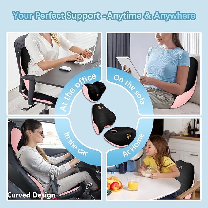 NS YOLO Ergonomic Car Seat Cushion with Comfort Memory Foam Neck Pillow, Car Pillow,Lumbar Support and Big Size Soft Seat Cushion for Driving Seat,Office Chair and Wheel Chair (Black and Pink-3 pcs)