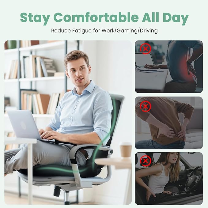 Seat Cushion and Lumbar Support Pillow for Office Chair, Wheelchair, Memory Foam Coccyx Cushion for Sciatica Tailbone Pain Relief, Back Support for Car Chairs, Desk Chair