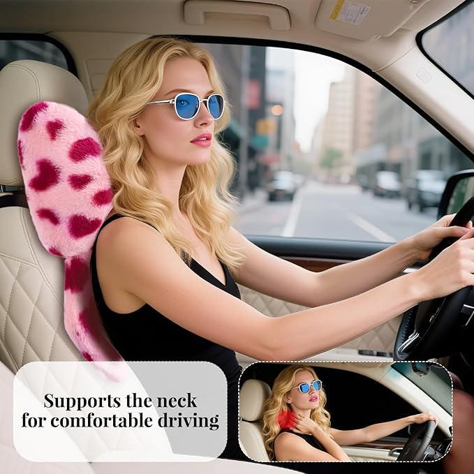 2 Pack Bow Car Headrest Pillow Comfortable Soft Plush Head Rest Cushion, Neck Pillow for Driving Office Use and Car Interior Decoration (Pink Heart)