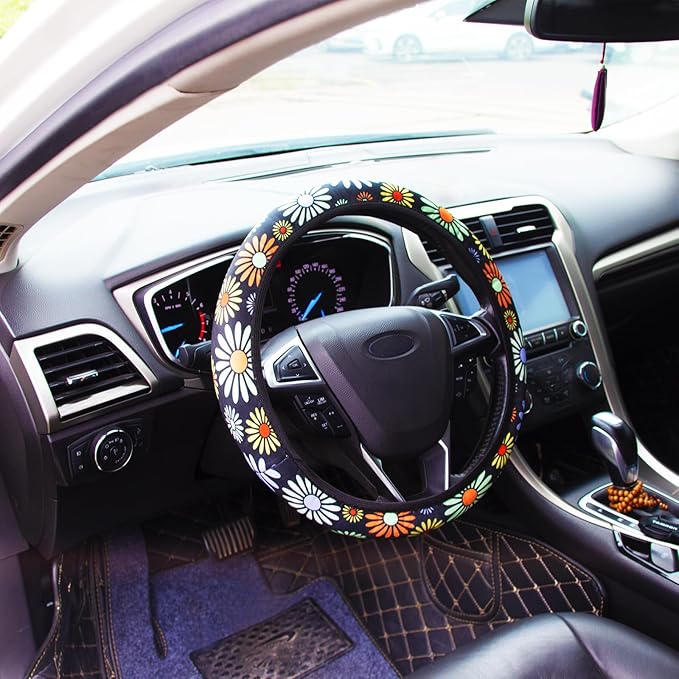 Steering Wheel Cover for Women Boho Universal Steering Wheel Covers Protector Car Accessories for Car 15 inch (Sunflower)