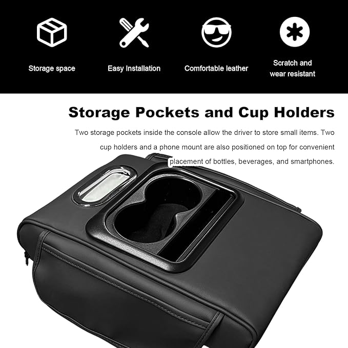 Car Center Console Armrest Pillow, Multifunctional Armrest Box Cover with Cup Phone Tissue Holder & Side Pockets, Waterproof Leather Middle Console Cushion for Most Vehicles (Black, Normal)