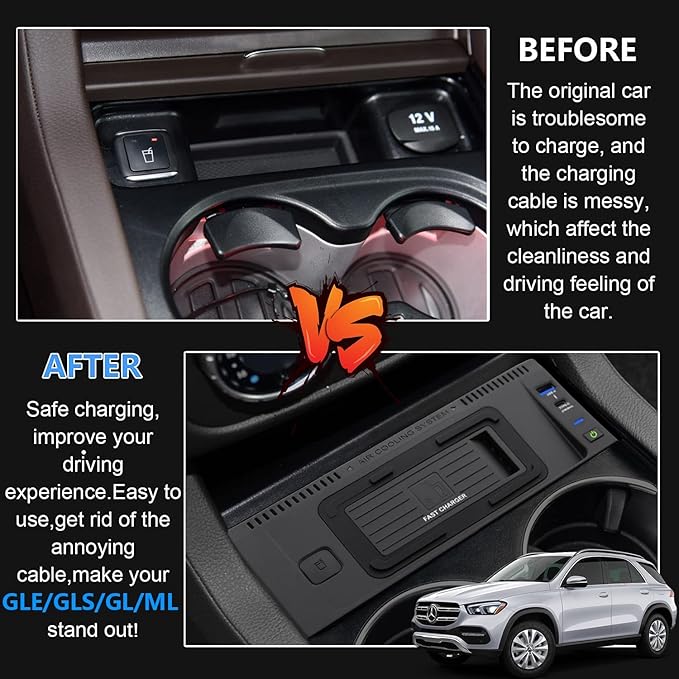Wireless Car Charger for Mercedes Benz GLE/GLS/GL/ML 2012-2019, 15W Qi Fast Charging Phone Charger Pad for Mercedes-Benz GLE GLS AMG 2015-2019 ML GL AMG 2012-2015 X292 X166 W166 Accessory