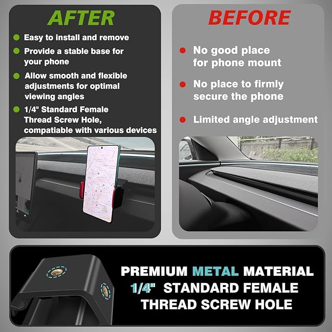 BestEvMod Dashboard Car 1/4 Screw Mount Phone Holder Tablet Mag Safe Compatible with Refreshed Tesla Model Y Juniper Model 3 Highland fits for All Phones & Android 360° Adjustable (Phone Holder)