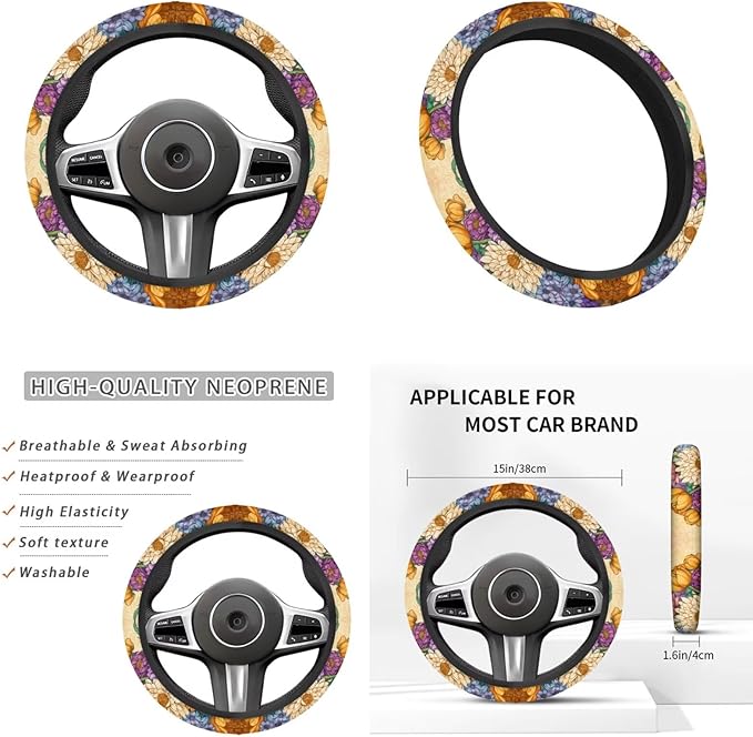 Yellow Chrysanthemum Print Car Steering Wheel Cover Sets Cup Holder Handbrake Gear Cover Armrest Cover Car Interior Accessories -6pcs
