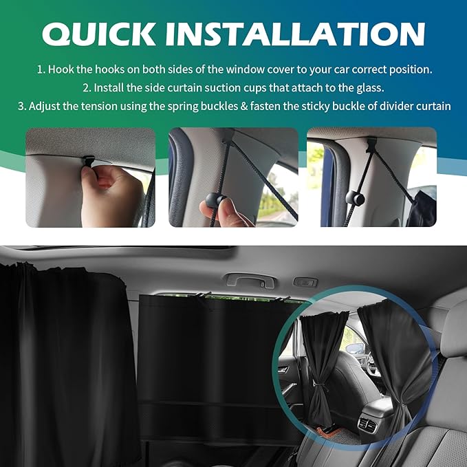 2PCS Rear Car Window Shades+1PC Car Privacy Curtains Kit,Upgraded Window Shade for Cars with 3 Mesh Storage Pockets,Summer Essentials Insulated Windows Cars Shades for Most Vehicle (Storage Pockets)