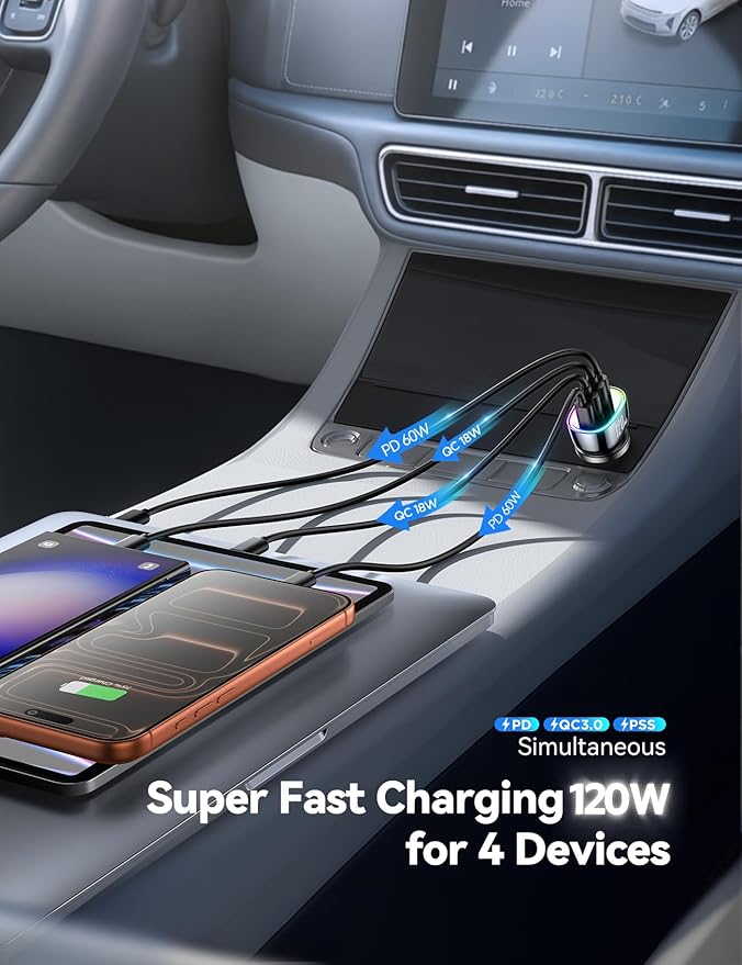 120W for iPhone 17 Pro Max Car Charger, Dual PD 60W & QC 3.0 Cigarette Lighter USB Charger with 60W Type C Cable, Car Charger USB C, Car Accessories for iPhone 17/16 Pro/Air, Galaxy S25, iPad, MacBook