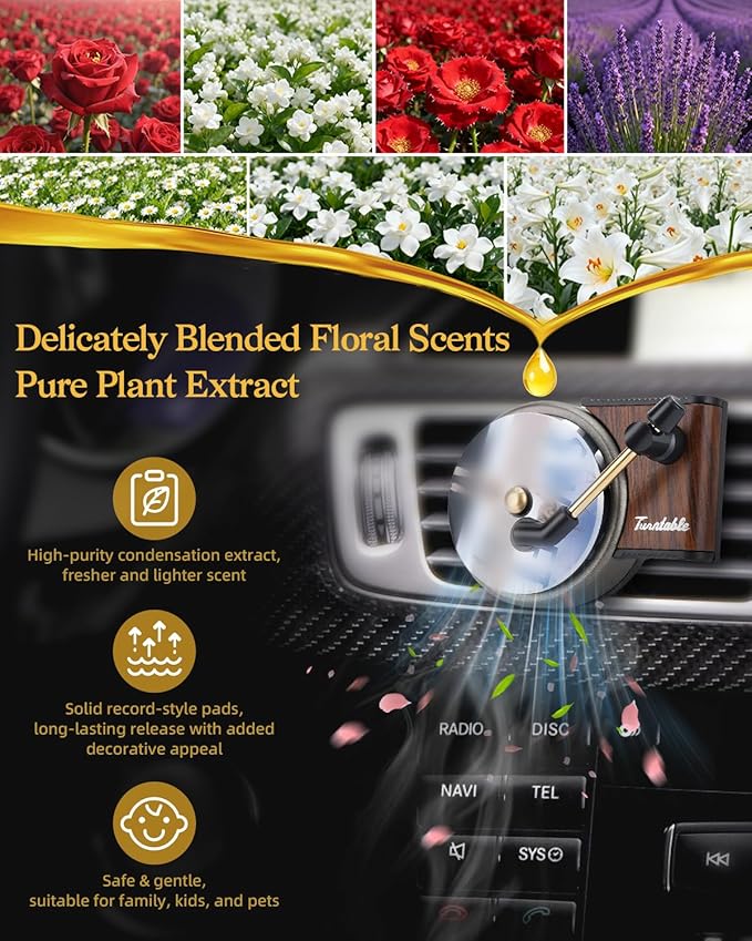 Record Player Car Air Freshener Vent Clip with 15pcs Refill Pads, Retro Floral Aromatherapy Diffuser for Taylor Merch Gift, Air Freshener Car Decor Accessories, Music Lovers Gifts