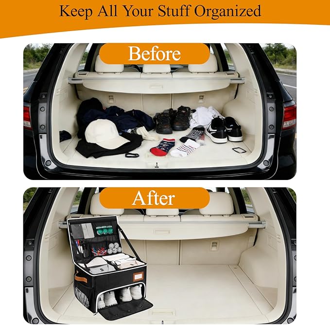2 Layer Golf Trunk Organizer, Golf Organizer with 2 Pairs Shoes Compartment, Golf Storage Waterproof Car Trunk Locker for Balls, Caps, Clothes, Gloves, Accessories, Gifts for Golfers