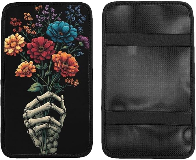 Universal Car Center Console Cushion Pad, Colorful Flowers Skull Hands Soft Waterproof Car Center Console Cover Auto Armrest Seat Box Cover Protector for Most Vehicle SUV Truck Car