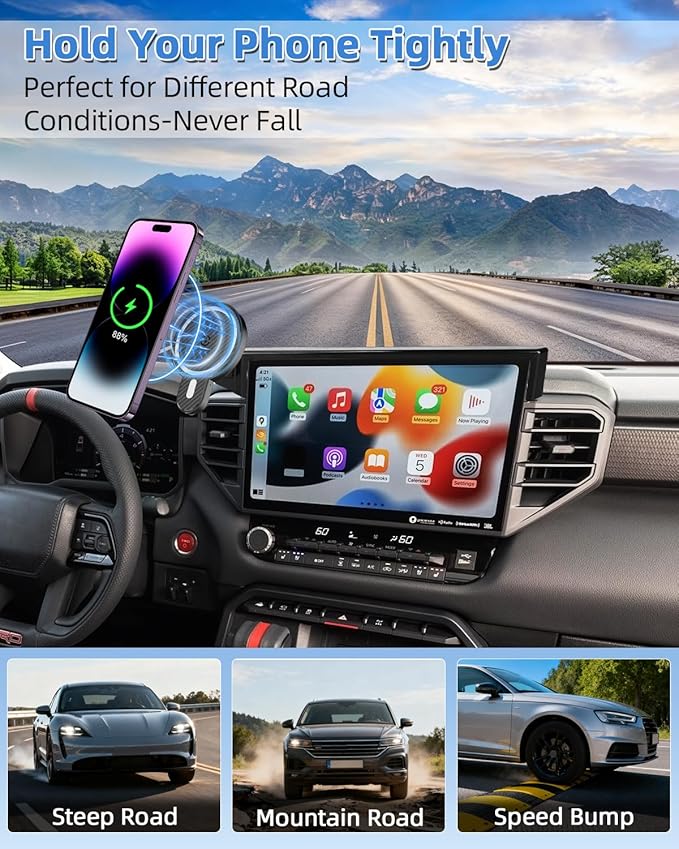 PZK Car Phone Mount for Toyota Tundra 2022-2025 2026 /Sequoia 2023-2026 Limited/Platinum Accessories 14-Inch Screen Magnetic 15W Fast Wireless Charger Car Phone Holder 360° Rotation Not Affect Vent