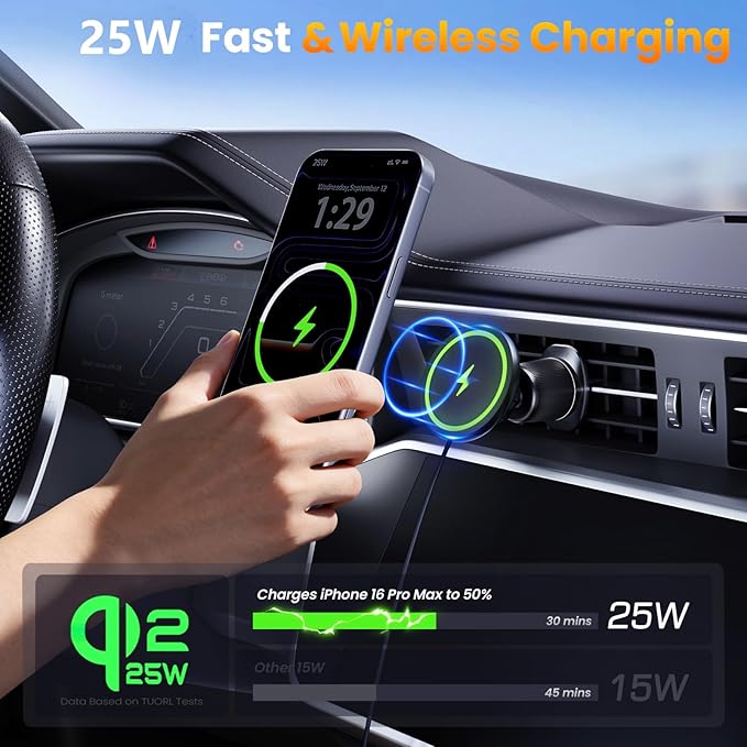 Upgrade [for Qi2.2-Certified] 25W for MagSafe Wireless Car Charger Mount, 2XFast Charging[90+LBS Safe Suction] Magnetic Phone Holder Dashboard Windshield for iPhone 17/16/15/14/13/12 Pro Max,Black