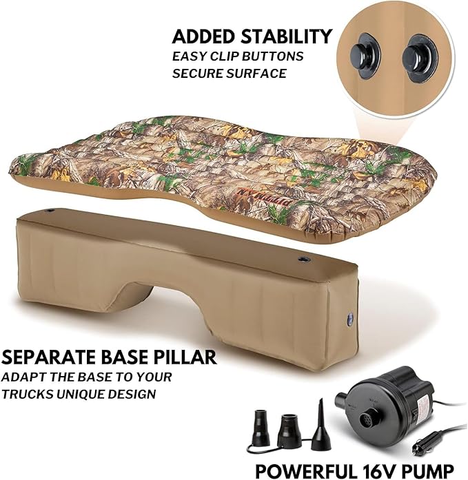 Pittman Outdoors Backseat Bed Air Mattress – 60” Rear Seat Mattress for Trucks & SUVs – Includes Portable DC Air Pump – Truck Air Mattress for Back Seat Travel & Camping – Camo Print