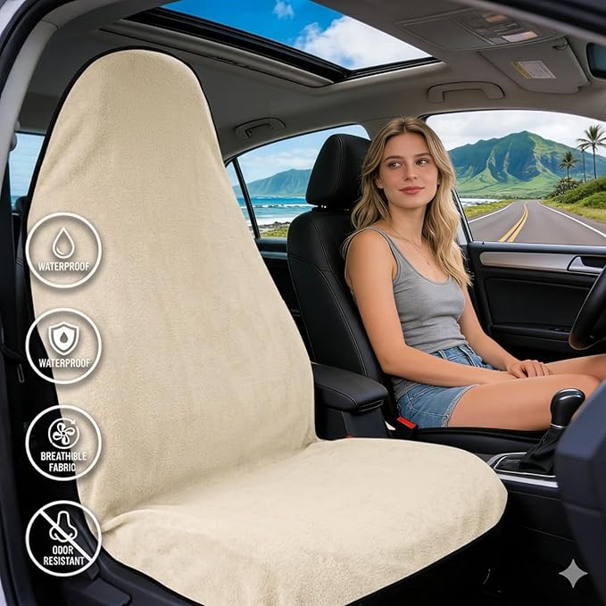 ZIMABLUE 1PC Waterproof Towel Car Seat Cover - 525g Heavy Duty 3-Layer Microfiber Sweat Protector for Bucket Seats - Non-Slip Machine Washable Universal Fit for Gym, Yoga, Beach, Pets & Outdoors-Beige